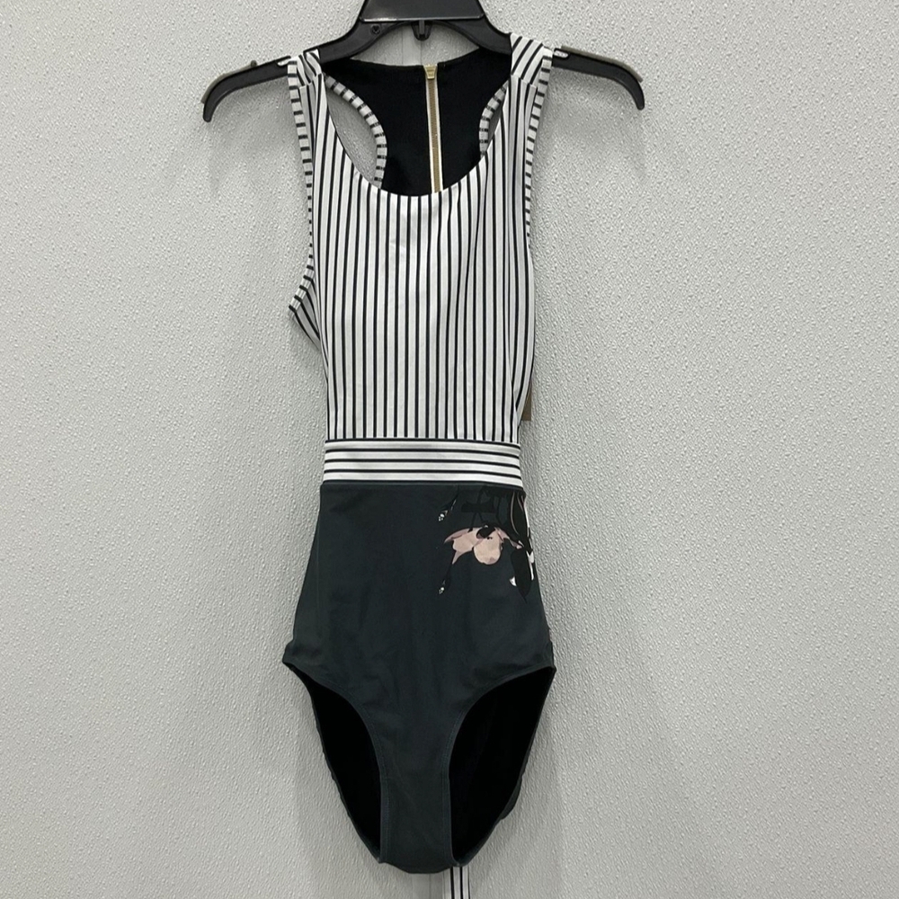 Albion Fit Elegant Black and White Striped And Floral One Piece Swimsuit Size L